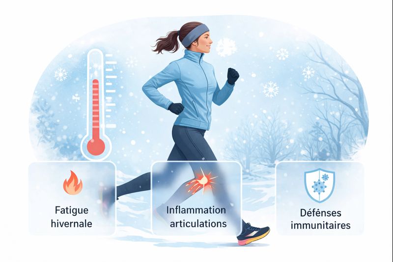 Femme courant en hiver par temps froid, illustration des effets du froid sur la fatigue, les articulations et l’immunité