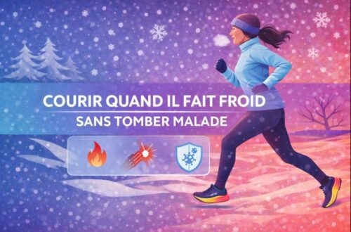 Illustration d’une femme qui court par temps froid en hiver, symbolisant courir quand il fait froid sans tomber malade