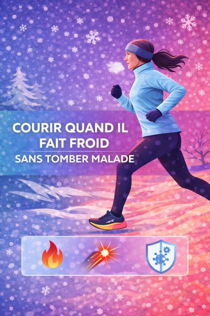 Illustration d’une femme qui court en hiver par temps froid, symbolisant courir quand il fait froid sans tomber malade grâce à une bonne récupération