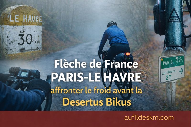 Flèche de France Paris–Le Havre à vélo en hiver, sortie longue d’ultracyclisme sous le froid et la brume, utilisée comme entraînement pour la Desertus Bikus.