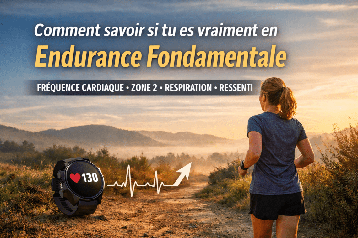 Femme d’une quarantaine d’années courant en endurance fondamentale sur un chemin au lever du jour, avec une montre cardio illustrant la zone 2 et la fréquence cardiaque.