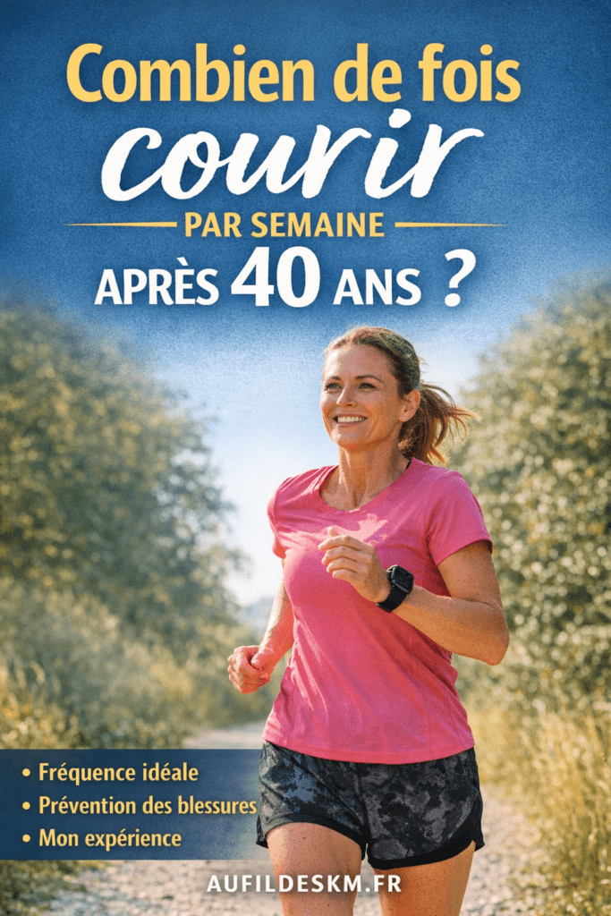 Femme courant sur un chemin avec le titre “Combien de fois courir par semaine après 40 ans ?” – conseils pour débuter la course à pied après 40 ans.